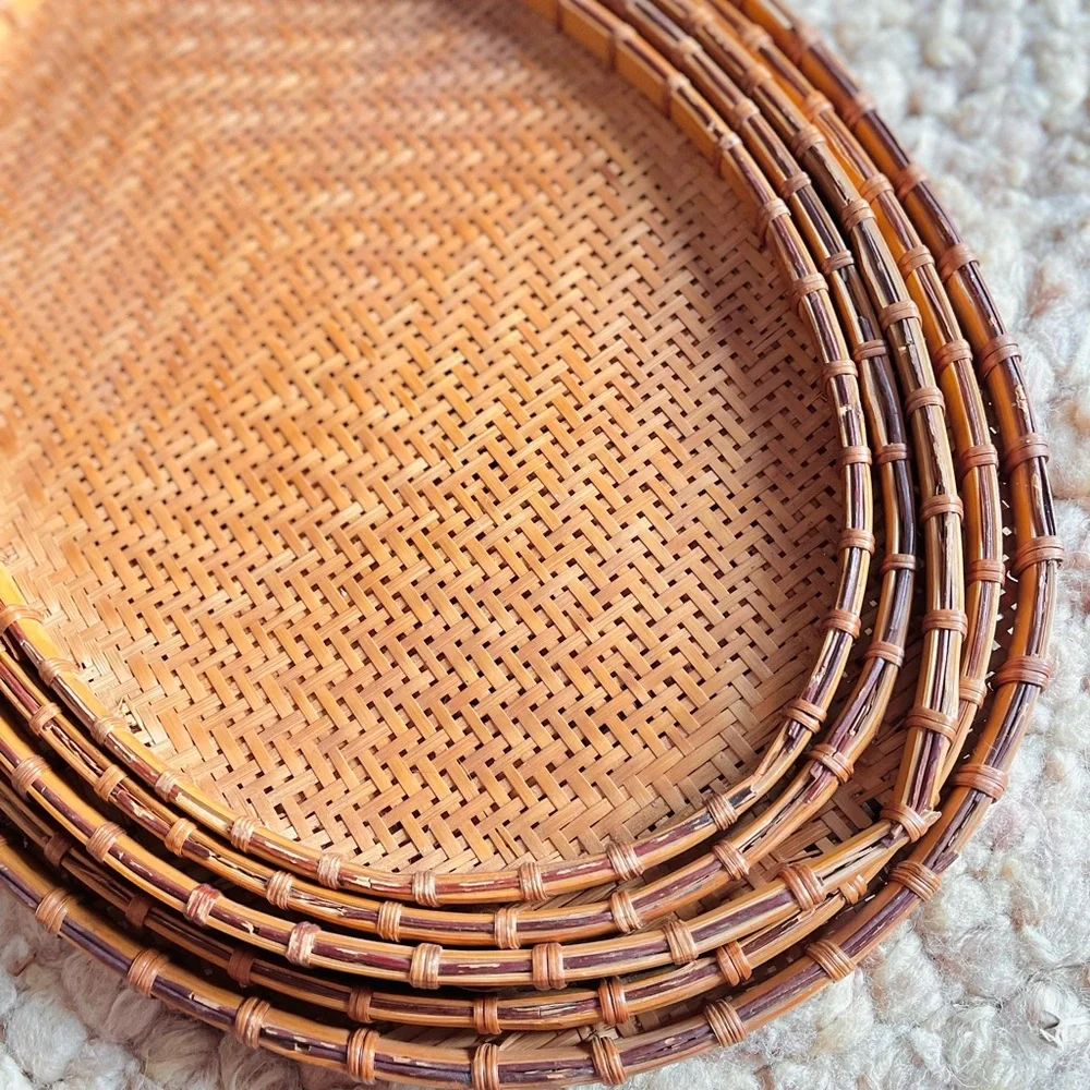 Set of 5 Vintage Woven Wicker Oval Nesting Trays Baskets for Table or Wall Decor